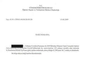 ÖSYM / YÖK — 2009 TUS: 129 yabancı uyruklu aday arasında 2. sıra — şəxsi kimlik məlumatları qaralanıb